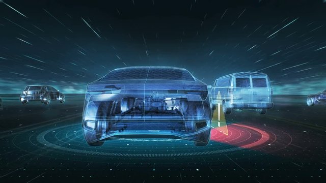 Future hybrid cars, Autonomous driving. 360 degree surveillance system with futuristic UI, Artificial Intelligence, IoT connect automotive. x-ray image. 4k animation.