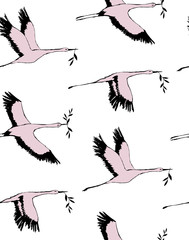 Vector seamless pattern with pink storks bird flying with leaves and branches in mouth beak. Pattern for fabric, baby clothes, background, textile, wrapping paper and other decoration.