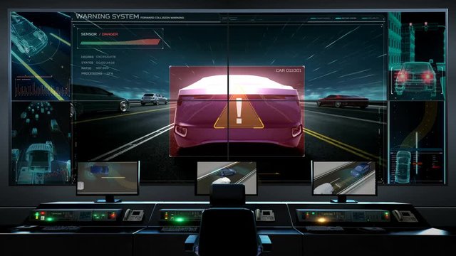 Main traffic control room, Autonomous driving. Front collision warning with futuristic UI, Artificial Intelligence, IoT connect automotive. 4k animation.