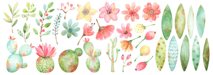 Set of cartoon style watercolor illustrations of nature objects, variety of plants, cactus, leaves, flowers, brunches, berries, green, red, yellow and blue on white background 