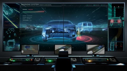 Main traffic control room, Autonomous driving. 360 degree surveillance system with futuristic UI, Artificial Intelligence, IoT connect automotive. 4k animation.1.