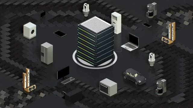 Internet of things artificial intelligence computer technology connect smart appliances server system. 4k animation. 