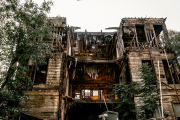 ISTANBUL, TURKEY - SEPTEMBER 2018: Destroyed wooden house after a fire