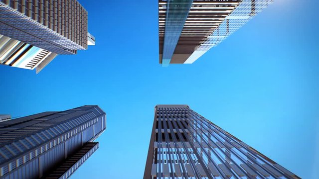 Panning camera, Making steel frame and construction smart city IoT building. day time low view. 4k animation.