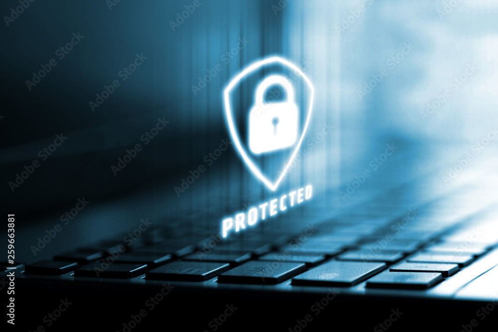 Poster 3d rendering of shield logo on laptop computer with background. concept of privacy data protection o