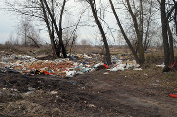 Spring landscape.Ecology of Ukraine. Nature near Ukrainian capital. Environmental contamination. Illegal junk dump.  Kiev,Ukraine