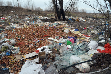 Spring landscape.Ecology of Ukraine. Nature near Ukrainian capital. Environmental contamination. Illegal junk dump.  Kiev,Ukraine