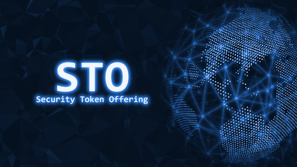 Glowing Security Token Offering (STO) text on 3D Rendering blue dotted world and abstract wired global network background. For crypto currency, token promoting, advertising purpose