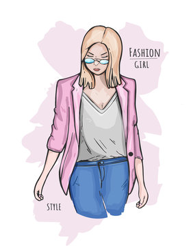  Fashion. Stylish girl. Sketch. Vector illustration