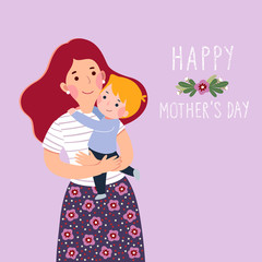 Happy mother’s day card. Mother carrying her little son.