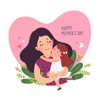 Happy mother’s day card. Cute little girl hugging her mother in heart shaped.