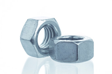 Closeup Bolts, steel screwbolts and nuts Used for capturing workpieces mechanical parts And construction isolated on a white background industrial concept