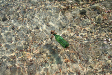 Green Glass bottle garbage with clams on the sea waves