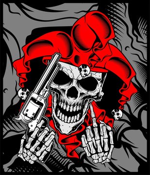the joker's skull holds a gun.vector hand drawing