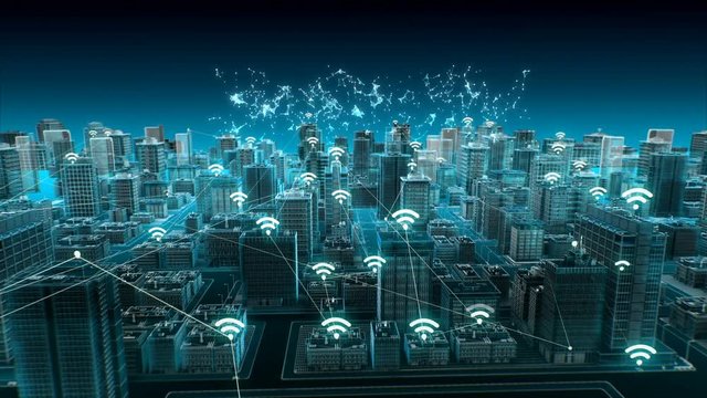 Wireless smart sensor icon on Smart city, connecting 'SMART CITY' computing IoT technology. blue x-ray aerial view. 4k animation.
