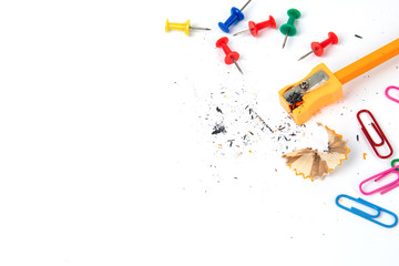 work space Yellow pencil,Sharpener,pins and clip Set for Office and Education at School concept isolate on white background
