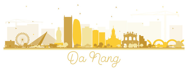 Da Nang Vietnam City Skyline Silhouette with Golden Buildings Isolated on White.