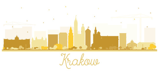 Fototapeta Krakow Poland City Skyline Silhouette with Golden Buildings Isolated on White. obraz
