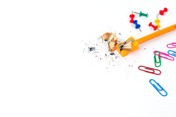 work space Yellow pencil,Sharpener,pins and clip Set for Office and Education at School concept isolate on white background