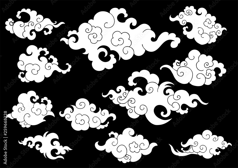 Wall mural Chinese cloud or Japaneses cloud element for decoration art work collection set vector with black background