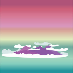Cute cartoon vector illustration of clouds and purple hills