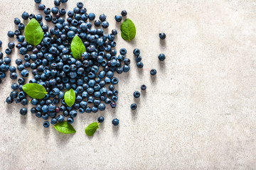 Fresh blueberry with leaves, top view flat lay