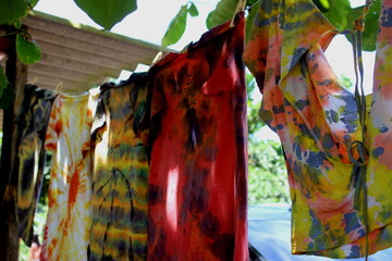 Hippie exposition of tie dye t shirts at the beach of Camburi das Pedras in Ubatuba, São Paulo - Brazil.