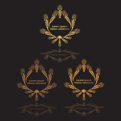 Wheat ears, oats or barley three vector    logotypes set golden on black