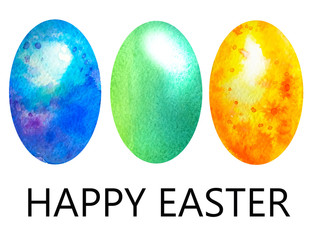Happy Easter. Set of three colorful marble eggs in green, blue and yellow in spots similar to colored stones on a white background. Watercolor.