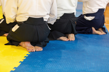 People in kimono and hakama on martial arts training