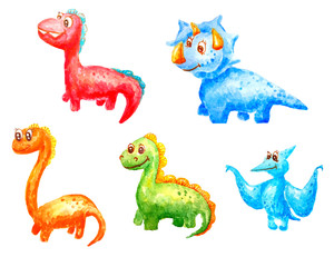 Collection of set of watercolor cartoons of kind children fantastic dinosaurs with big eyes and with a smile on a white background isolated