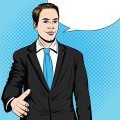 Color vector pop art style illustration of a man stretching his hand for a handshake. Businessman holds out his hand in agreement. An employee makes a deal. Friendly male handshake.