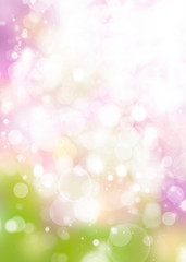 Spring blurred rainbow bokeh background, white circles, green, pink, purple