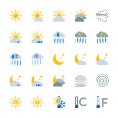 Weather forecast colorful icons set. 25 flat symbols isolated on white background. Vector illustration EPS10.