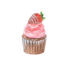 Watercolor strawberry cupcake, hand drawn delicious food illustration, isolated on white background