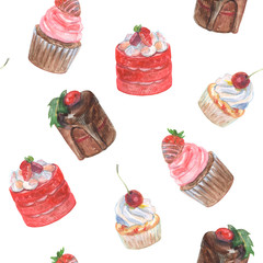 Seamless pattern with cupcakes vanilla strawberry chocolate cherry. Watercolor hand drawn delicious food illustration on white background