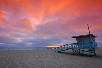 Lifeguard tower at sunset at Hermosa Beach, California