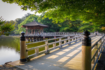 Ukimido Pavillion on water in Nara park, Japan