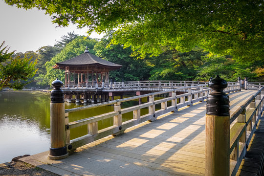 Ukimido Pavillion on water in Nara park, Japan