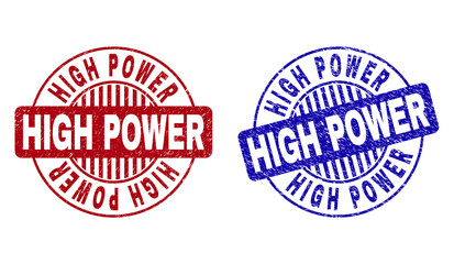 Grunge HIGH POWER round stamp seals isolated on a white background. Round seals with grunge texture in red and blue colors. Vector rubber watermark of HIGH POWER text inside circle form with stripes.
