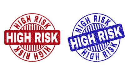 Grunge HIGH RISK round stamp seals isolated on a white background. Round seals with grunge texture in red and blue colors. Vector rubber overlay of HIGH RISK tag inside circle form with stripes.