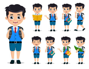 School kids vector characters set. Young student boy wearing school uniform and backpack in various standing posses, reading books and doing education activities. Vector illustration.