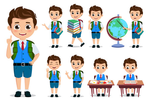 School kids student vector characters set. Back to school boy cartoon characterswith school uniform talking and doing educational activities. Vector illustration.