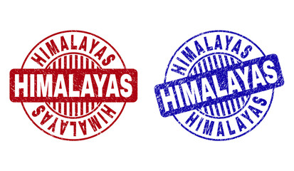 Grunge HIMALAYAS round stamp seals isolated on a white background. Round seals with grunge texture in red and blue colors. Vector rubber imitation of HIMALAYAS text inside circle form with stripes.