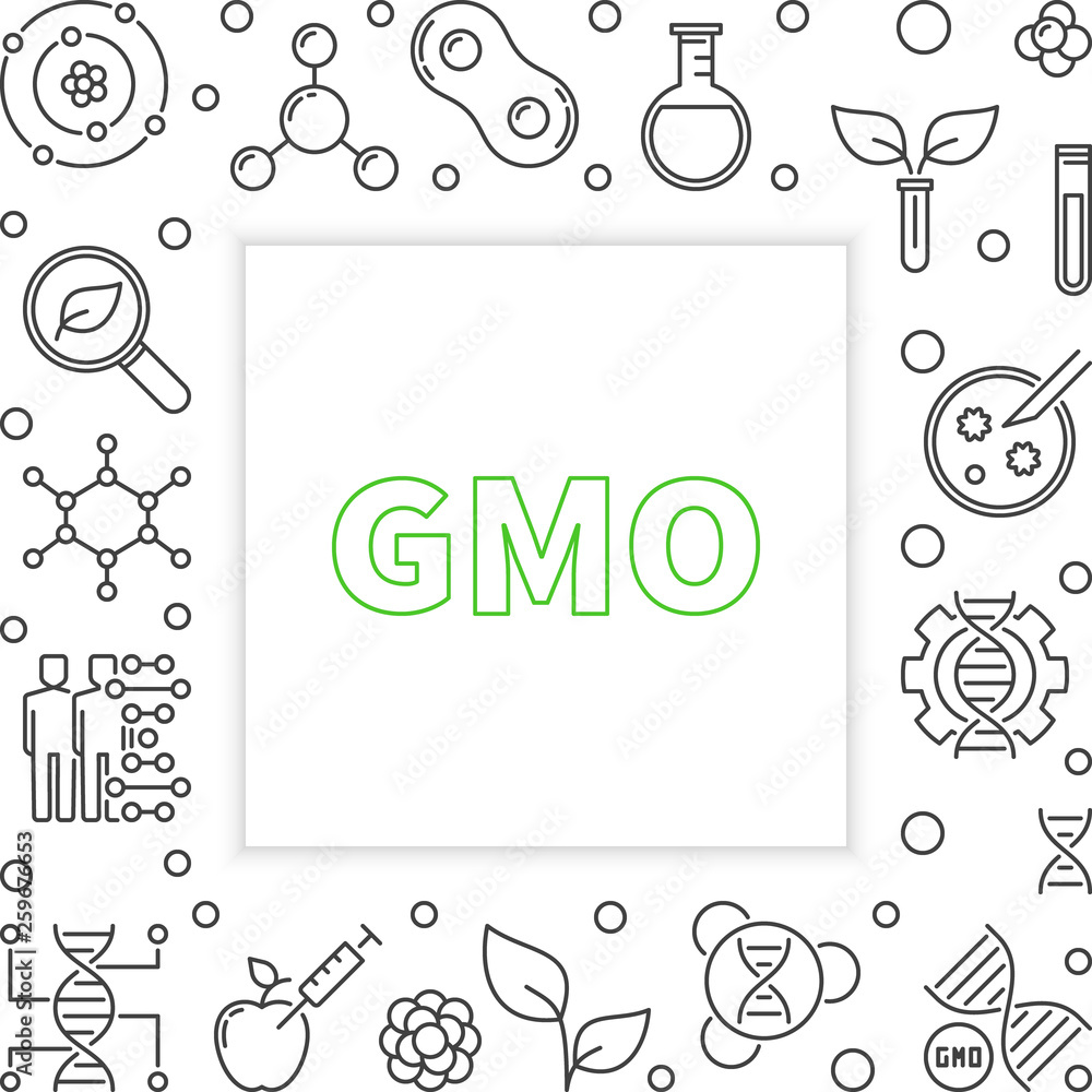 Poster gmo square frame in thin line style. vector genetically modified organism concept illustration