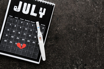 Calendar and negative pregnancy test on grunge background