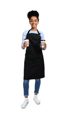 African-American barista on white background