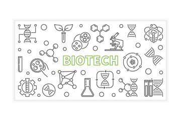 Vector Biotech concept horizontal outline illustration or banner on white background