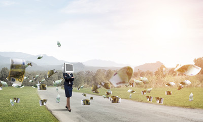 Business woman with monitor instead of head.