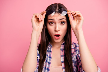 Close up photo funky beautiful her she lady hold take off arms hands specs look wondered not...